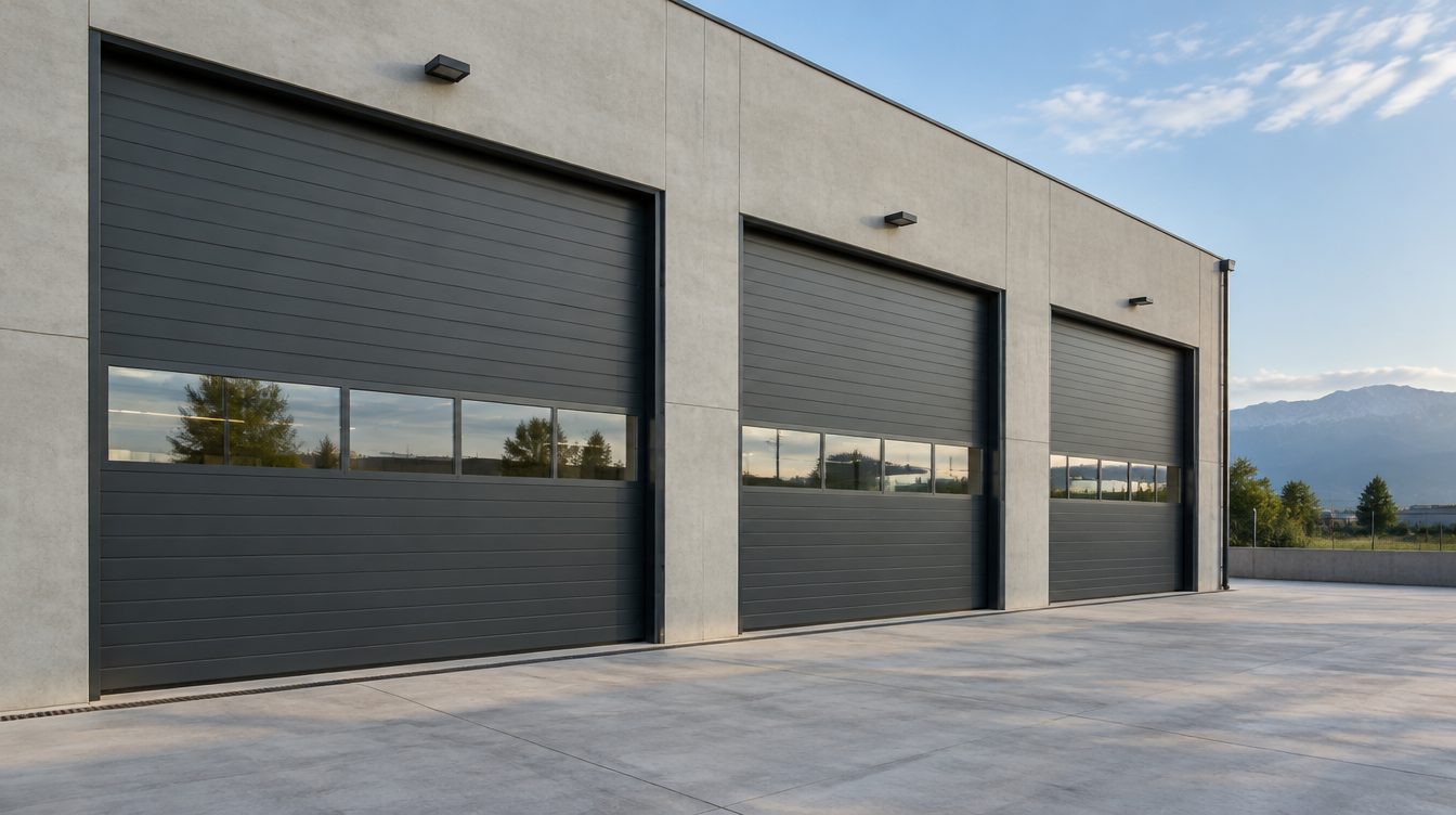 Capannone con tre portoni sezionali industriali antracite con finestrature