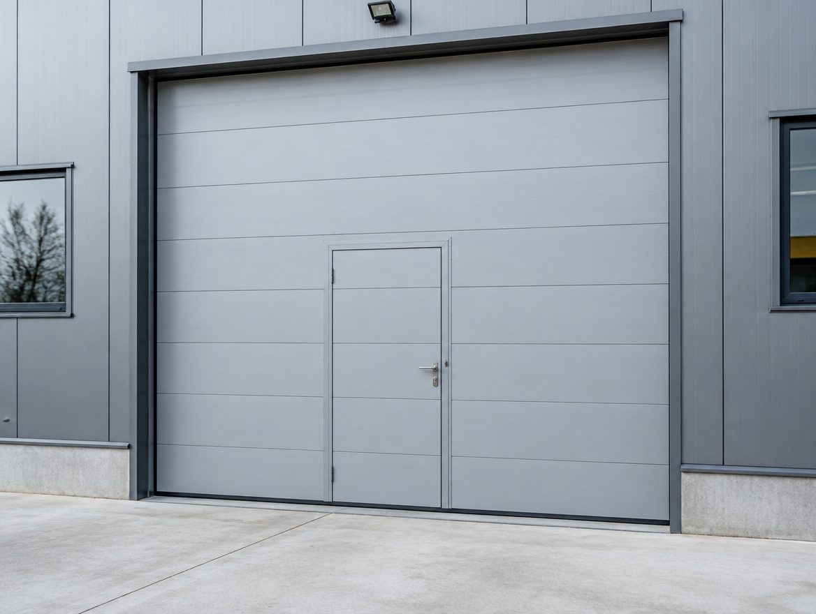 Portone sezionale industriale grigio con porta pedonale integrata