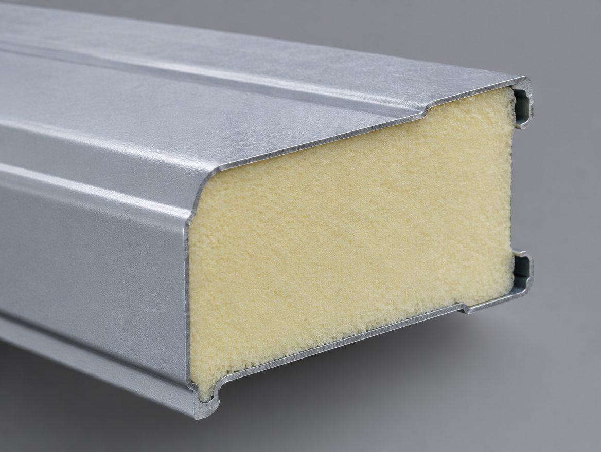 Sezione di un pannello sandwich coibentato: due lamiere d'acciaio con anima in poliuretano